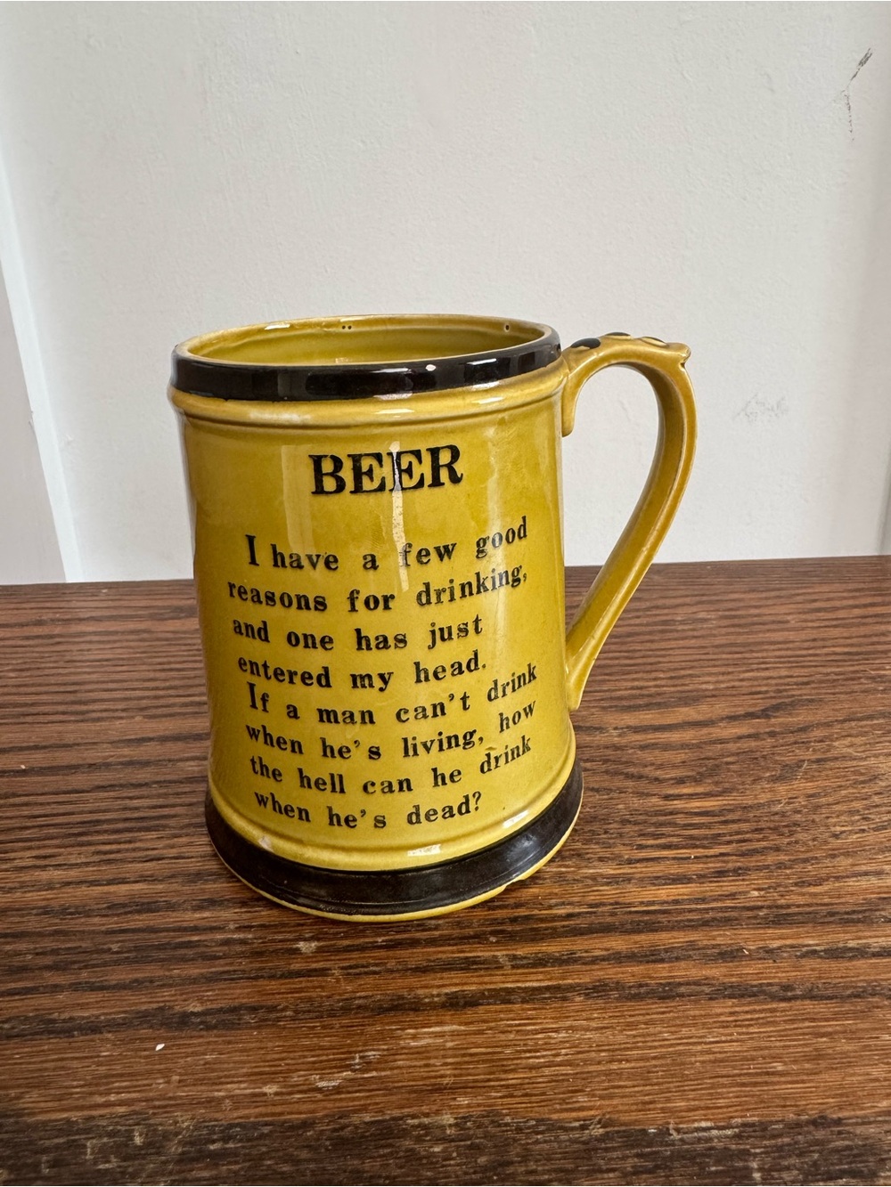 Yellow Ceramic Beer Stein Mug with Printed Quote